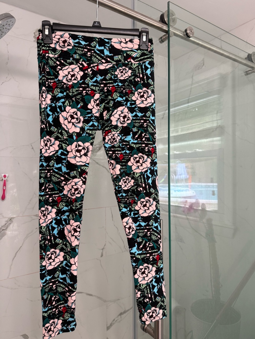Woman’s ' Black Floral Print Leggings with Pink Accents